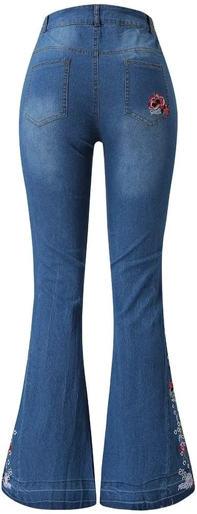 Flared Jeans for Women High Waisted Bell Bottom Jeans 70s Retro Jeans Lightweight Denim Pants Embroidered Bootcut Jeans