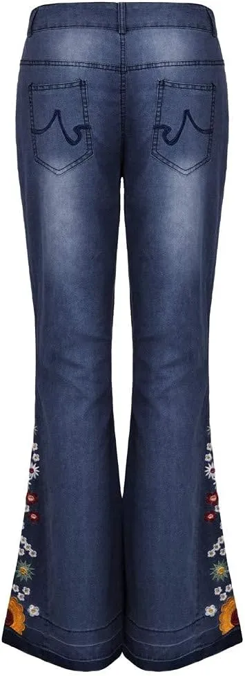 Flared Jeans for Women High Waisted Bell Bottom Jeans 70s Retro Jeans Lightweight Denim Pants Embroidered Bootcut Jeans