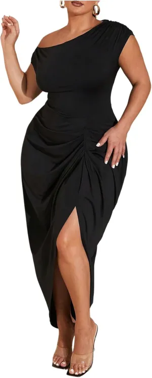 Floerns Women's Plus Size Asymmetrical Neck Long Dress Ruched Slit Hem Cocktail Dress