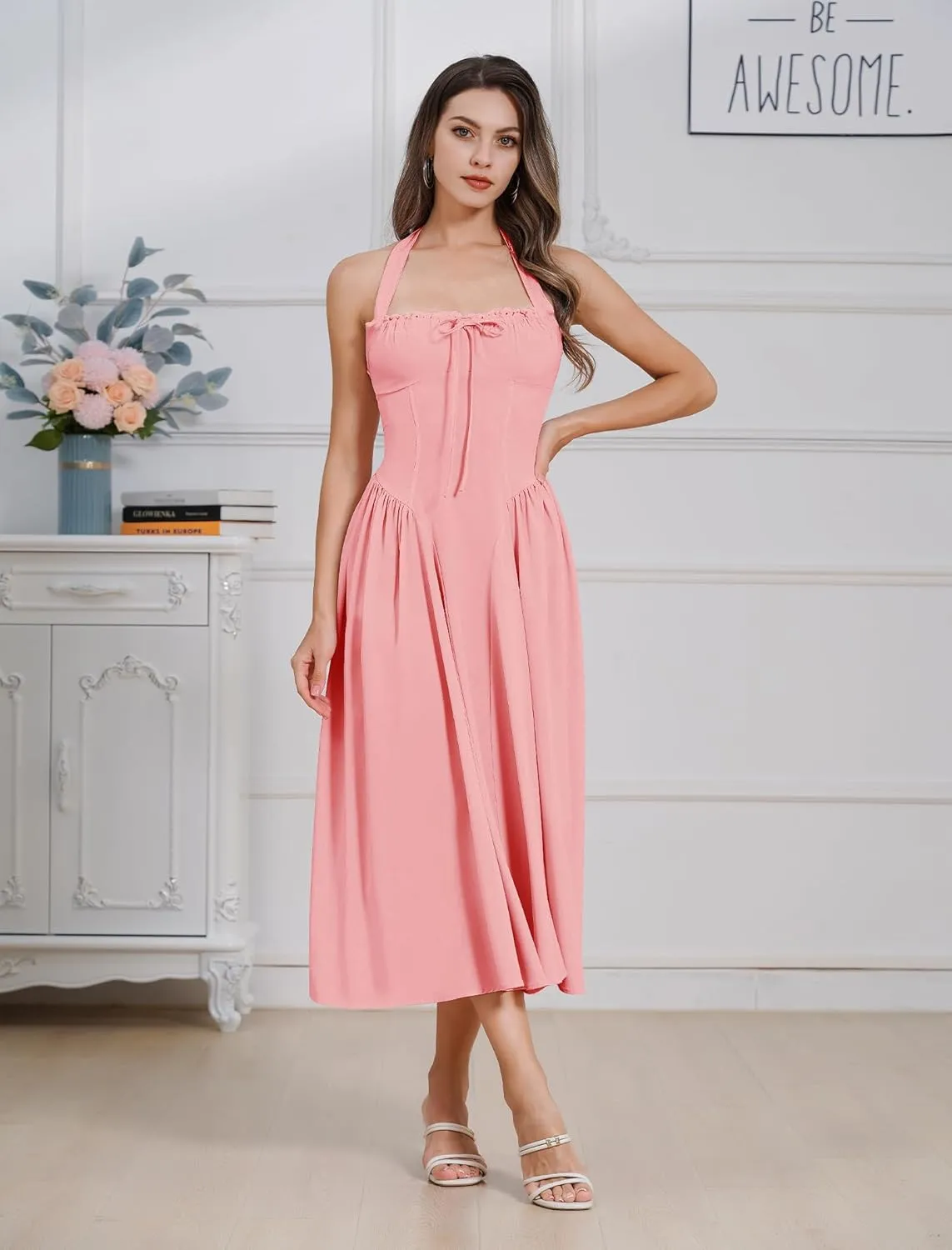 Floral Corset Dress Solid Long Dress Sleeveless Halter Low Cut Dress Open Back Bustier Midi Dress Summer