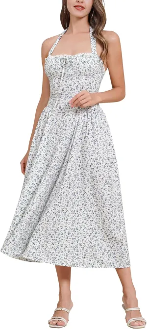 Floral Corset Dress Solid Long Dress Sleeveless Halter Low Cut Dress Open Back Bustier Midi Dress Summer
