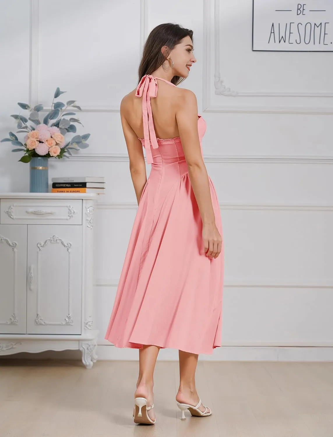 Floral Corset Dress Solid Long Dress Sleeveless Halter Low Cut Dress Open Back Bustier Midi Dress Summer