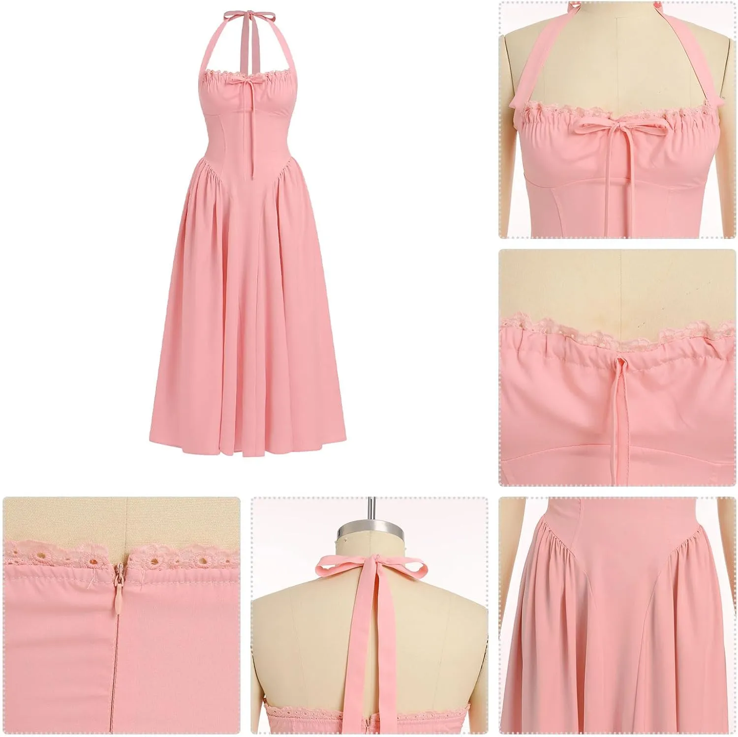 Floral Corset Dress Solid Long Dress Sleeveless Halter Low Cut Dress Open Back Bustier Midi Dress Summer
