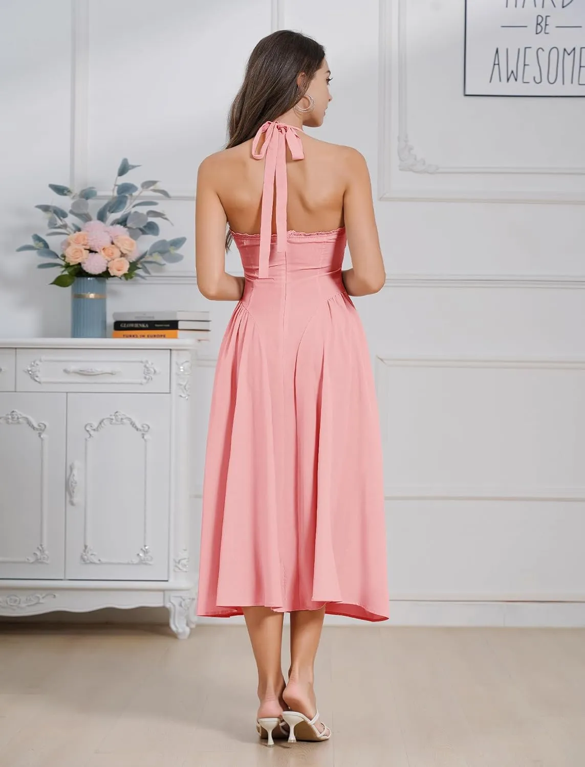 Floral Corset Dress Solid Long Dress Sleeveless Halter Low Cut Dress Open Back Bustier Midi Dress Summer