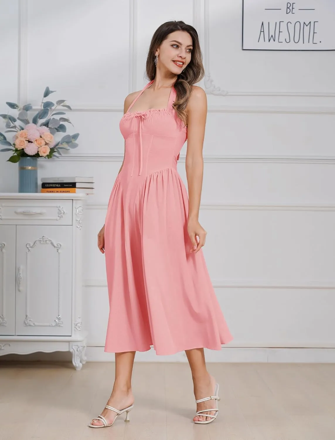 Floral Corset Dress Solid Long Dress Sleeveless Halter Low Cut Dress Open Back Bustier Midi Dress Summer