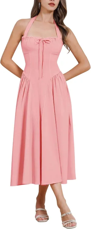 Floral Corset Dress Solid Long Dress Sleeveless Halter Low Cut Dress Open Back Bustier Midi Dress Summer