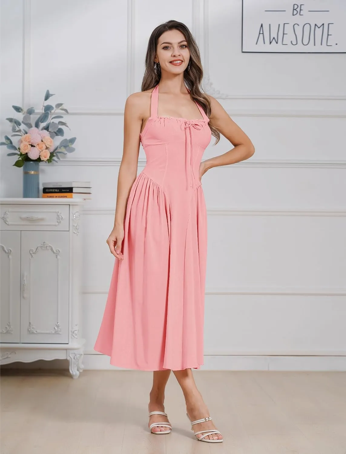 Floral Corset Dress Solid Long Dress Sleeveless Halter Low Cut Dress Open Back Bustier Midi Dress Summer