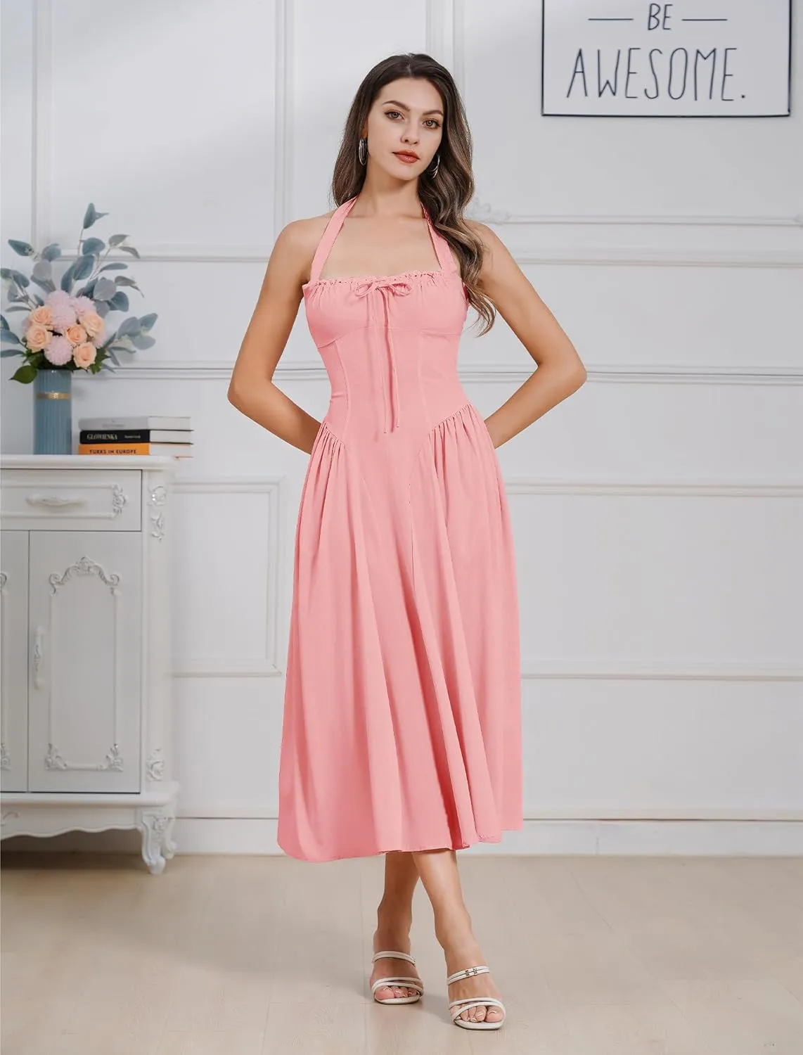 Floral Corset Dress Solid Long Dress Sleeveless Halter Low Cut Dress Open Back Bustier Midi Dress Summer