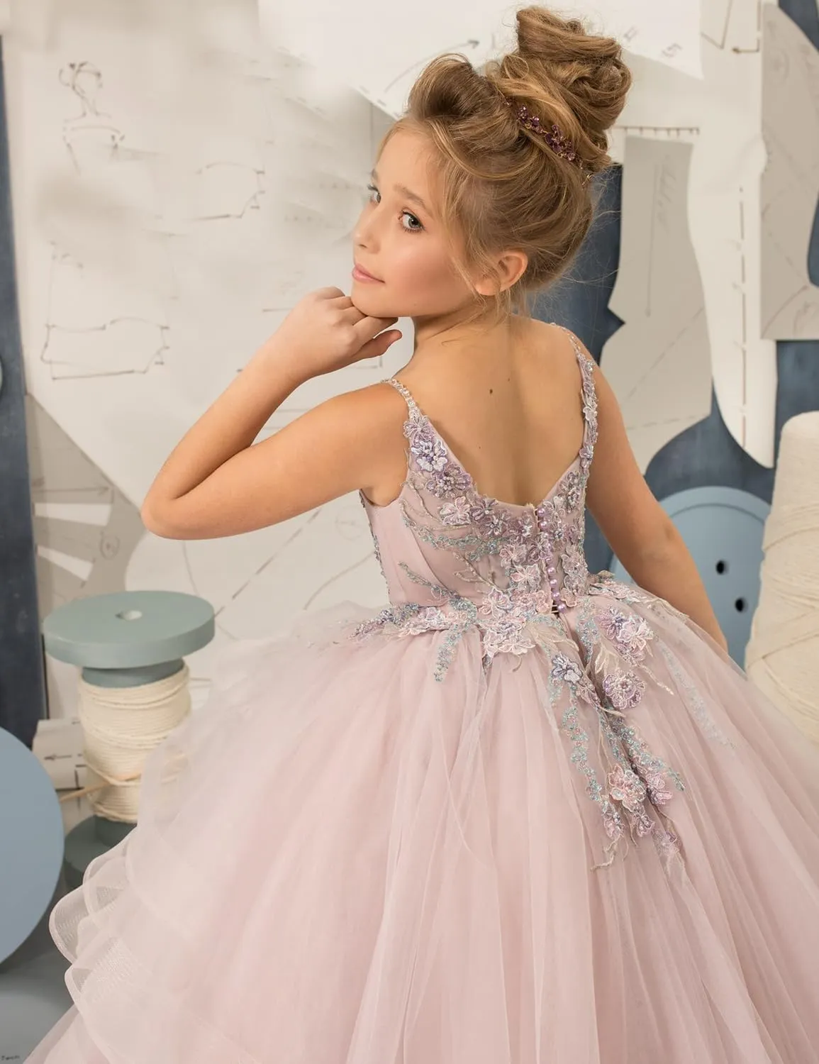 Flower Girl Dress Lace Applique - First Communion Dress Puffy Tulle Pageant Dress for Girls