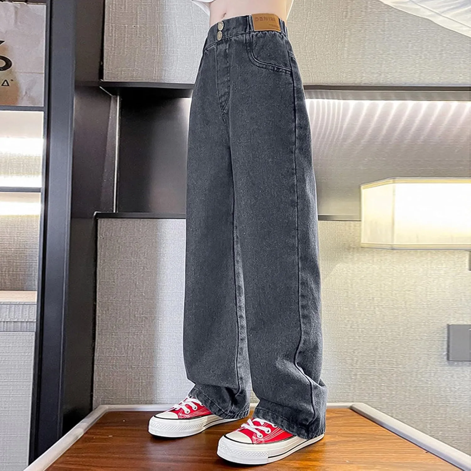 Girls Jeans Wide Leg Baggy Preppy Clothes Straight Leg Baggy Jeans Casual Running Denim Comfy Training Loose Modern