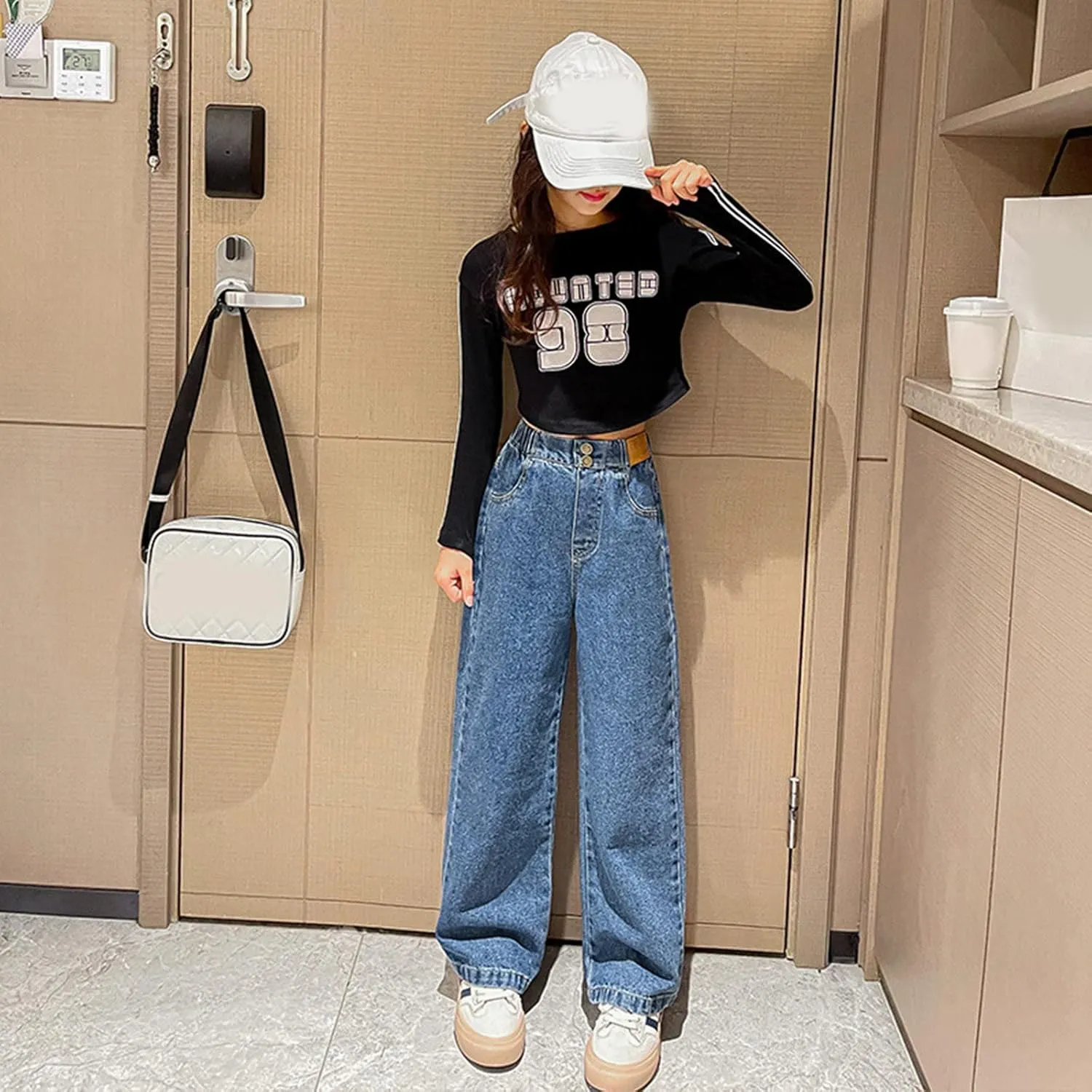 Girls Jeans Wide Leg Baggy Preppy Clothes Straight Leg Baggy Jeans Casual Running Denim Comfy Training Loose Modern