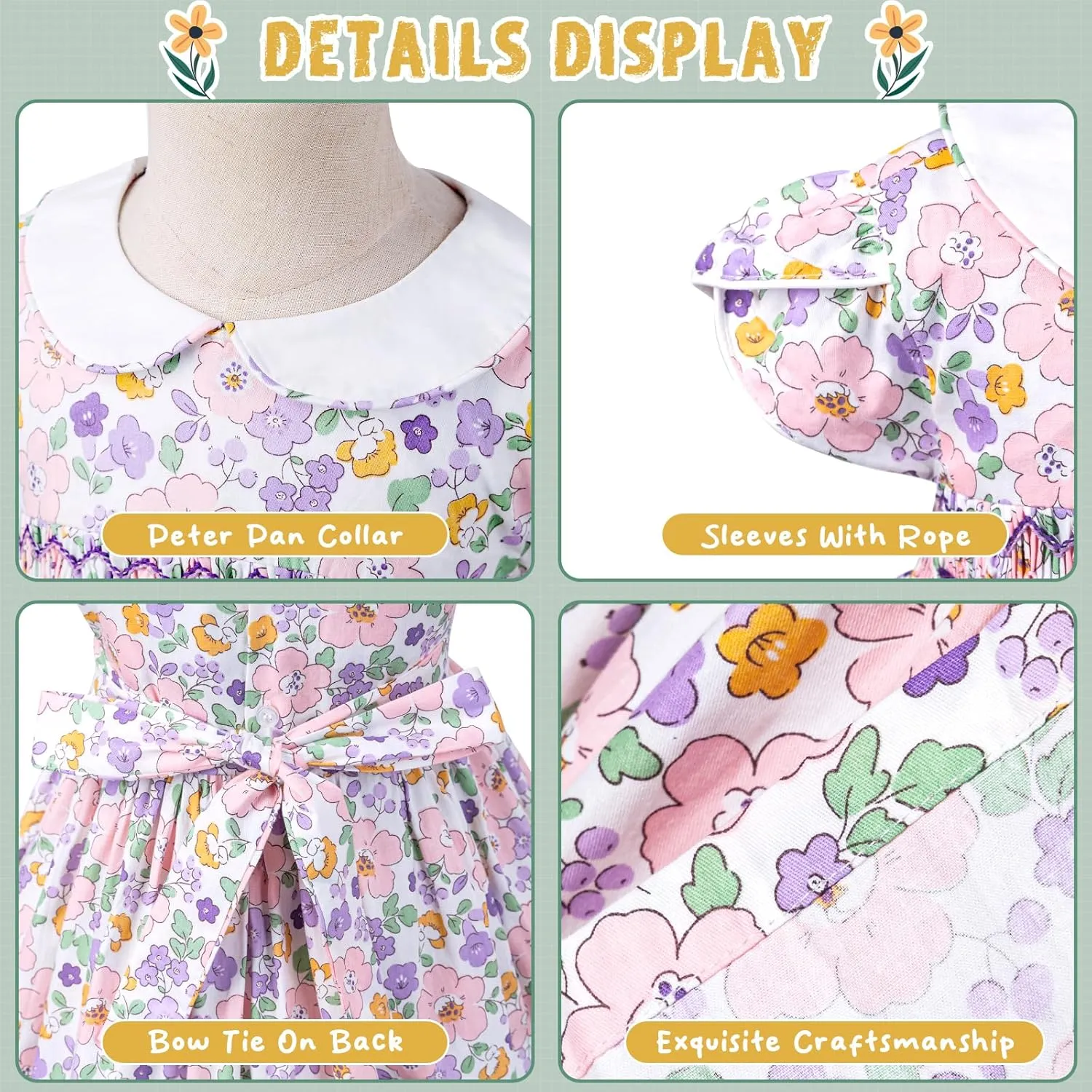 Girls Smocked Blue Dress Toddler Floral Summer Dress Vintage Dresses Kindergarten Graduation Dress