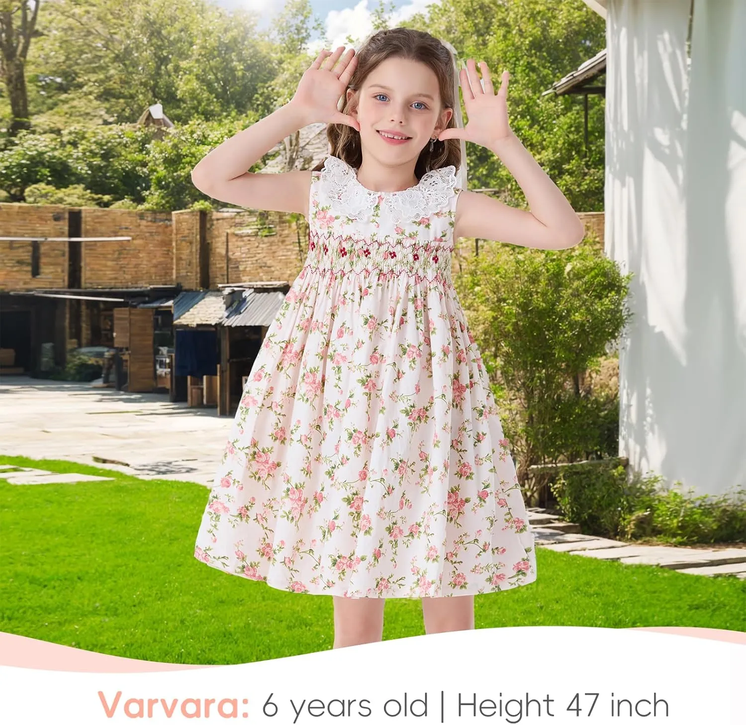 Girls Smocked Blue Dress Toddler Floral Summer Dress Vintage Dresses Kindergarten Graduation Dress