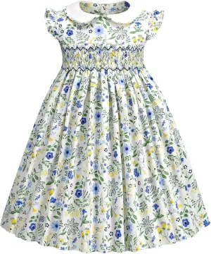 Girls Smocked Blue Dress Toddler Floral Summer Dress Vintage Dresses Kindergarten Graduation Dress