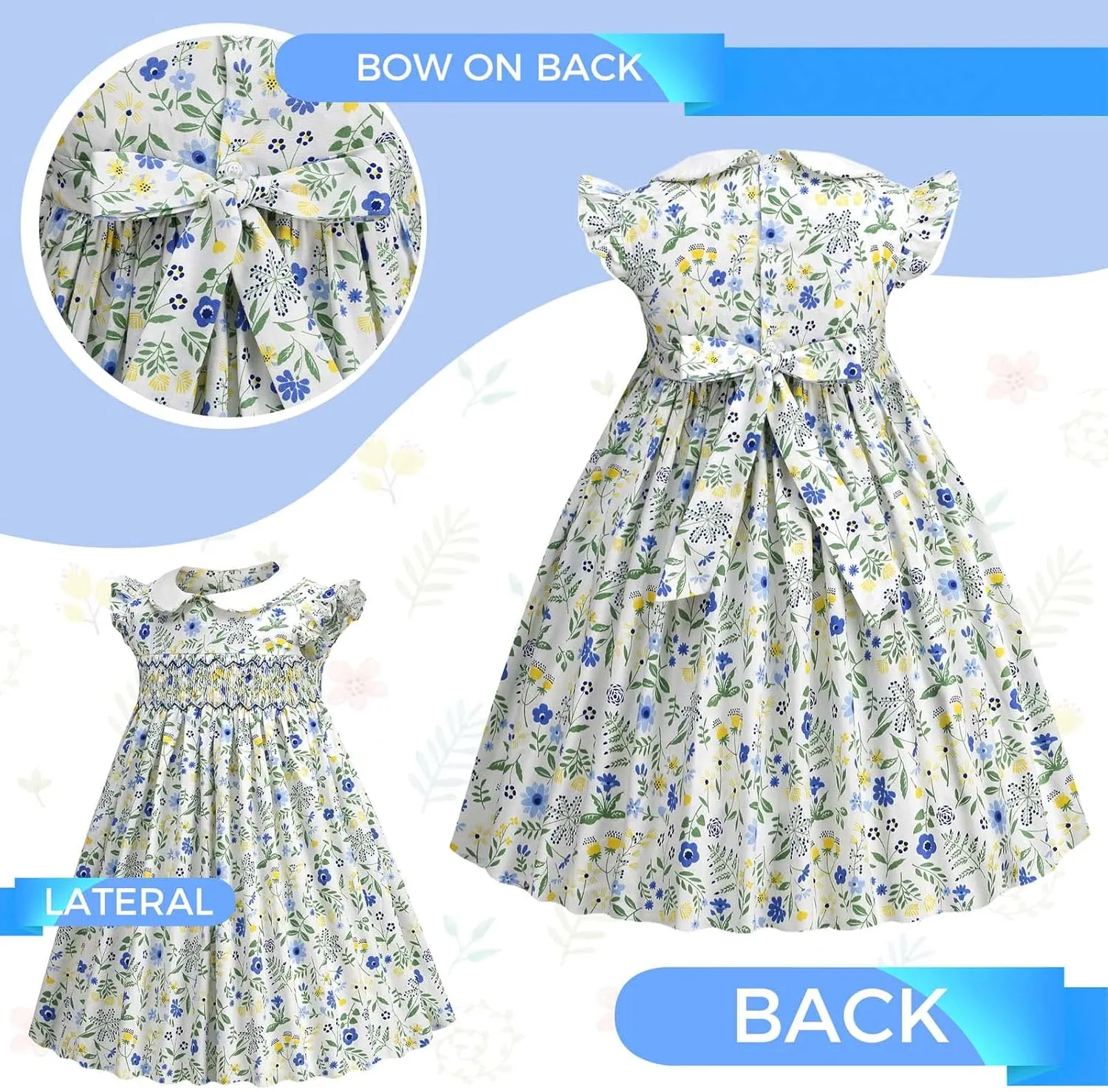 Girls Smocked Blue Dress Toddler Floral Summer Dress Vintage Dresses Kindergarten Graduation Dress