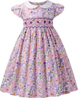 Girls Smocked Blue Dress Toddler Floral Summer Dress Vintage Dresses Kindergarten Graduation Dress