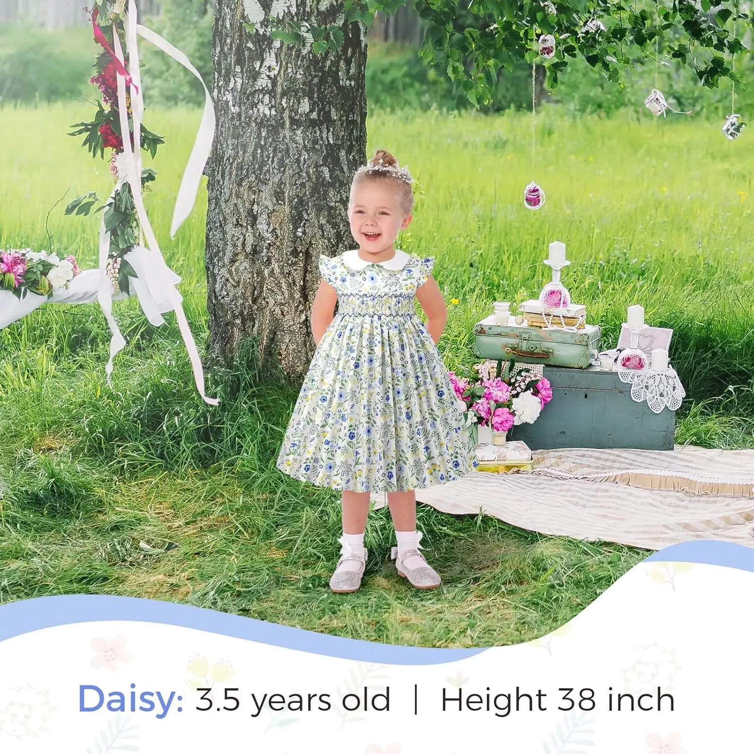 Girls Smocked Blue Dress Toddler Floral Summer Dress Vintage Dresses Kindergarten Graduation Dress