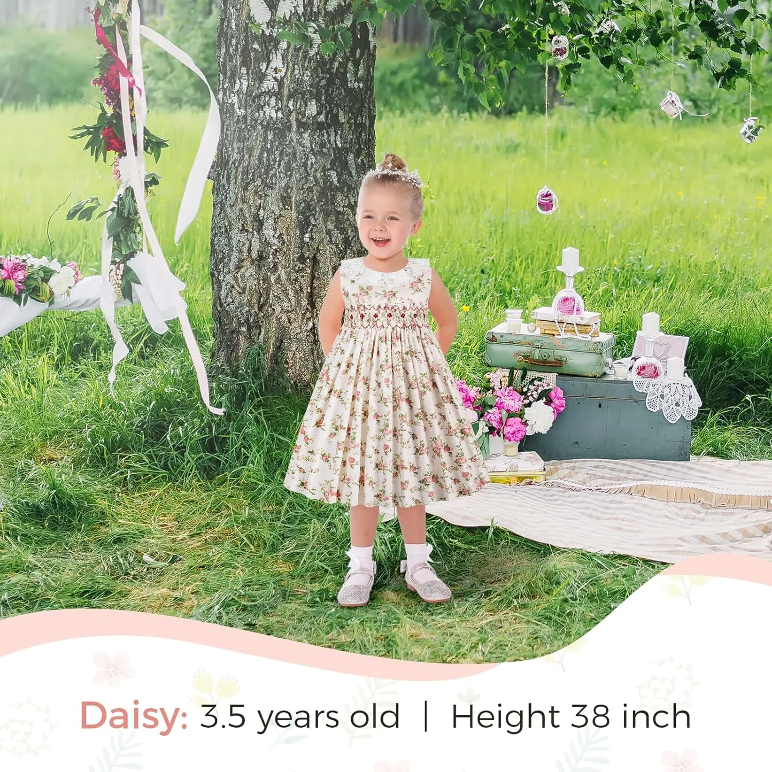 Girls Smocked Blue Dress Toddler Floral Summer Dress Vintage Dresses Kindergarten Graduation Dress