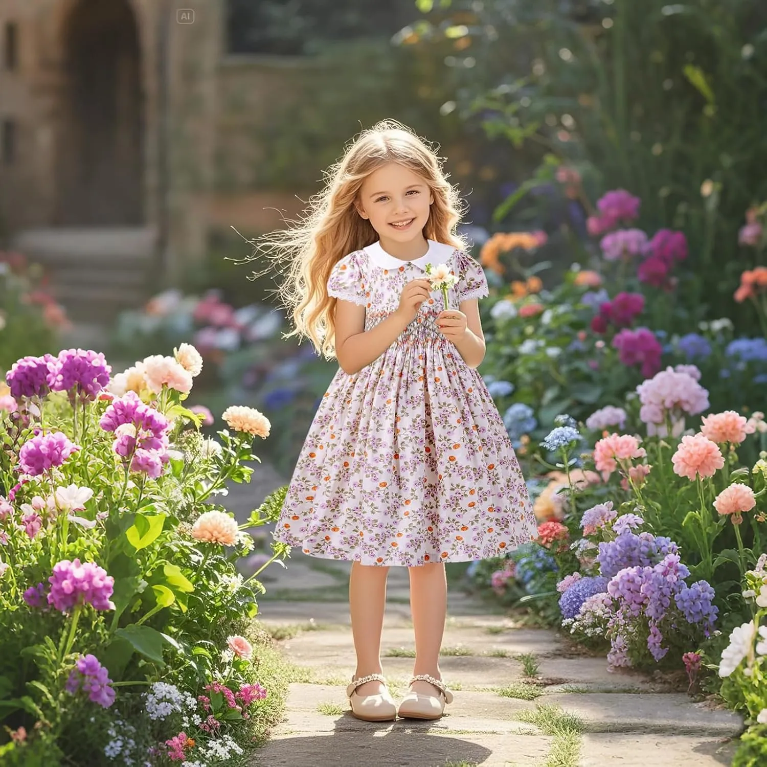 Girls Smocked Blue Dress Toddler Floral Summer Dress Vintage Dresses Kindergarten Graduation Dress