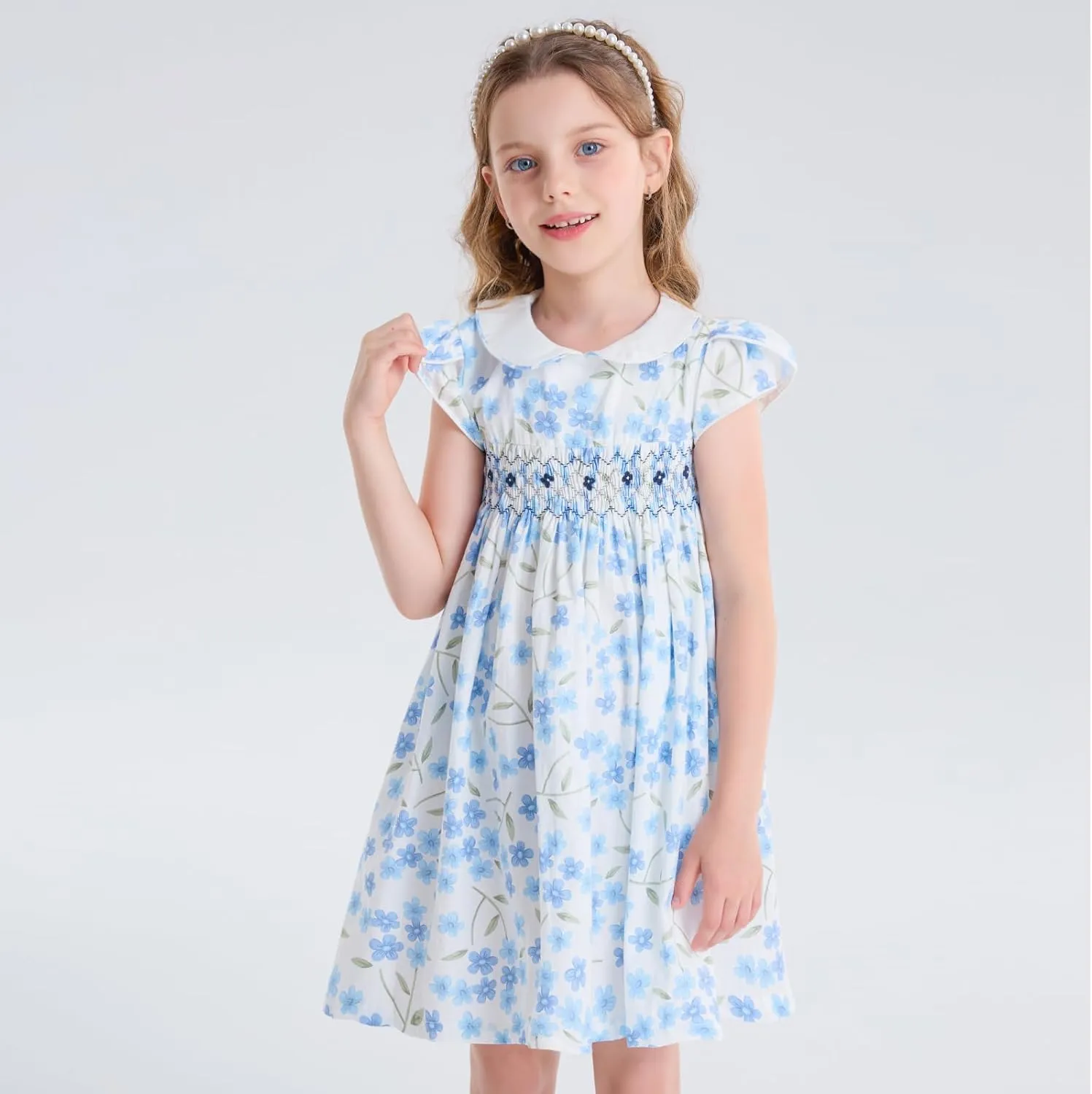 Girls Smocked Blue Dress Toddler Floral Summer Dress Vintage Dresses Kindergarten Graduation Dress