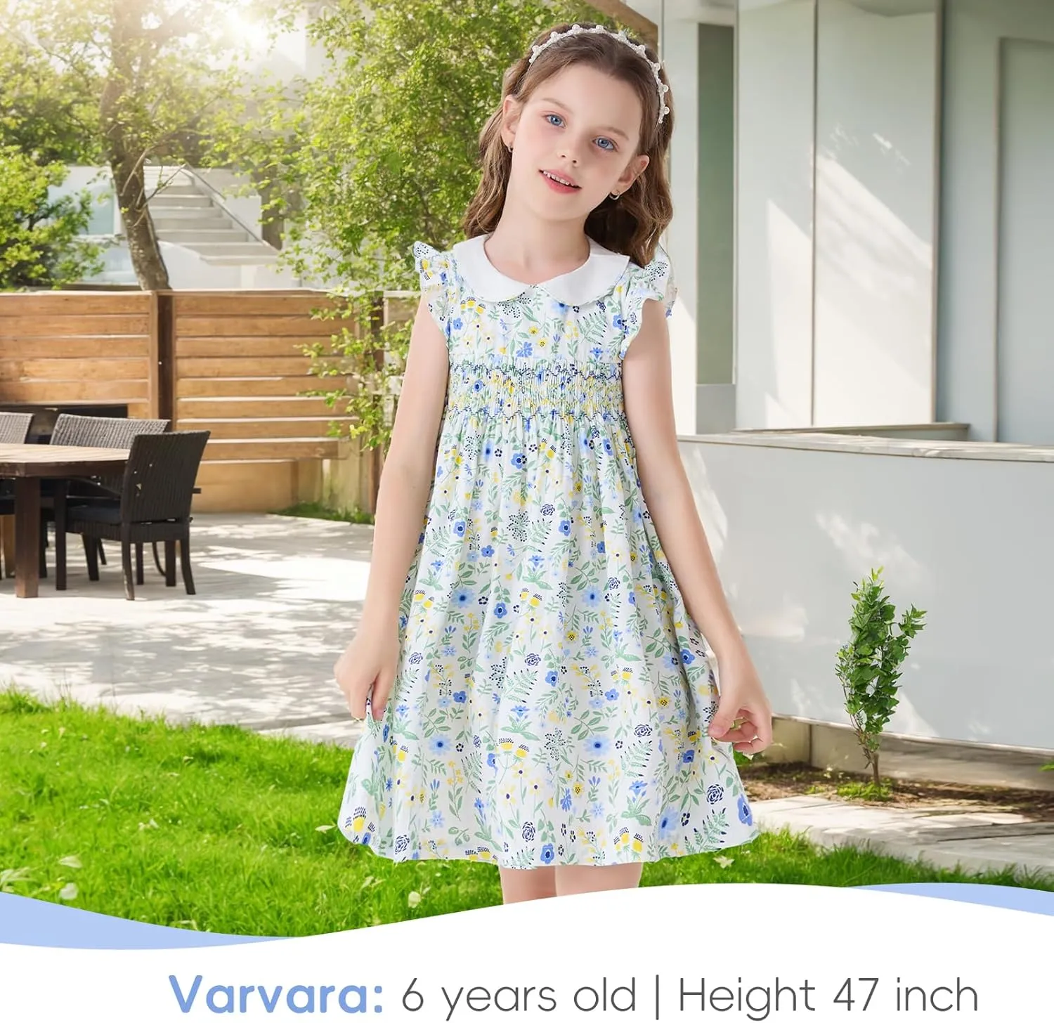 Girls Smocked Blue Dress Toddler Floral Summer Dress Vintage Dresses Kindergarten Graduation Dress
