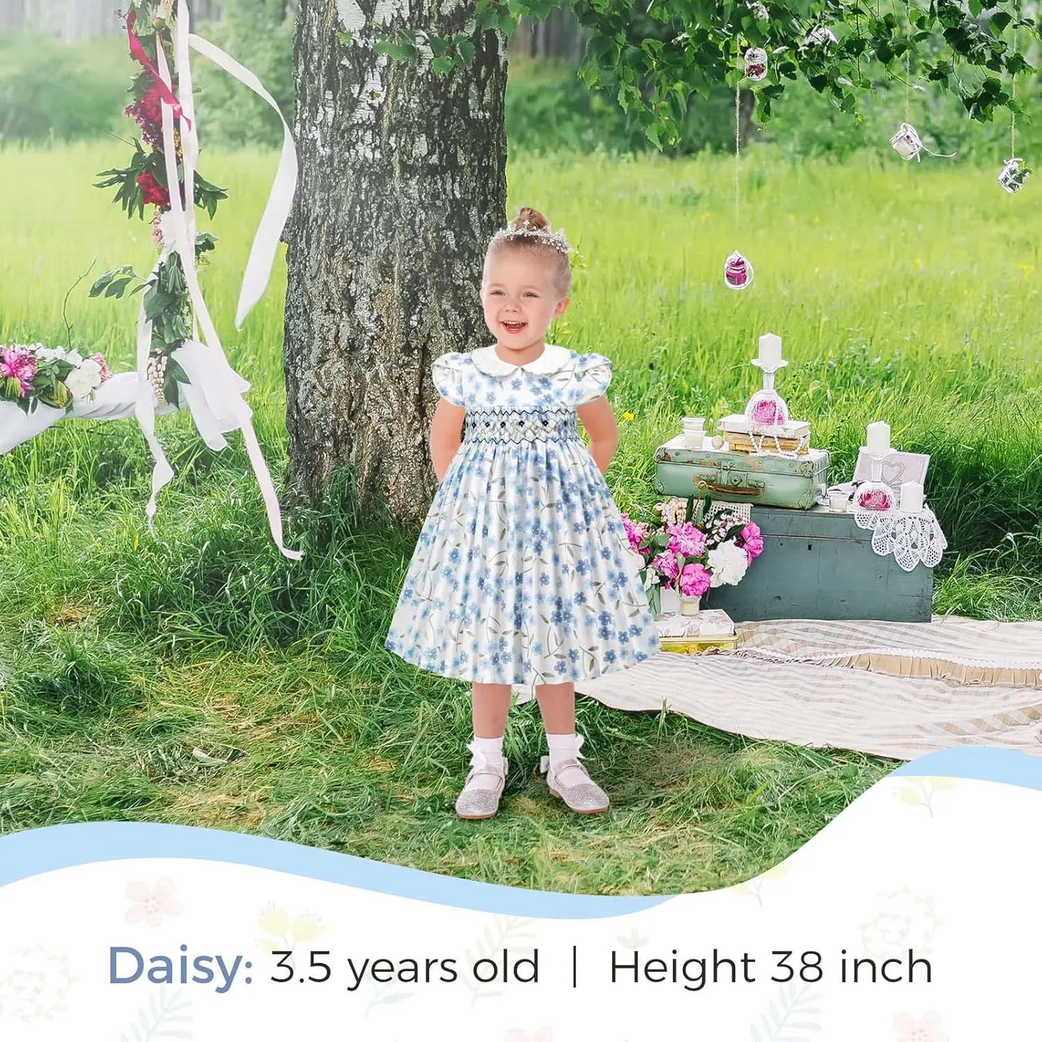 Girls Smocked Blue Dress Toddler Floral Summer Dress Vintage Dresses Kindergarten Graduation Dress