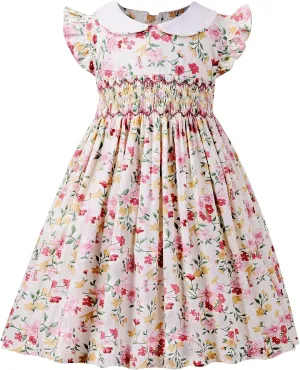 Girls Smocked Blue Dress Toddler Floral Summer Dress Vintage Dresses Kindergarten Graduation Dress