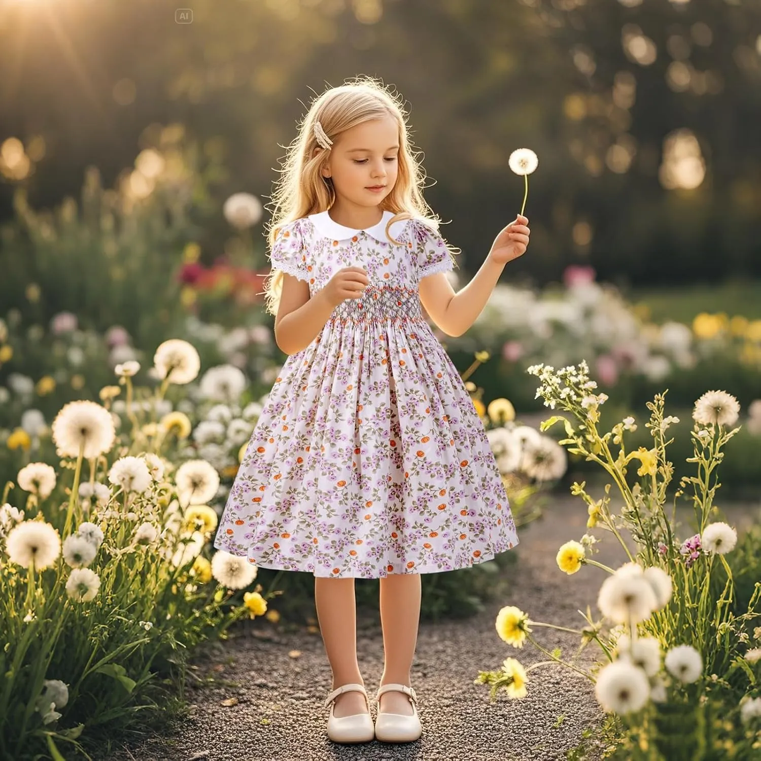 Girls Smocked Blue Dress Toddler Floral Summer Dress Vintage Dresses Kindergarten Graduation Dress