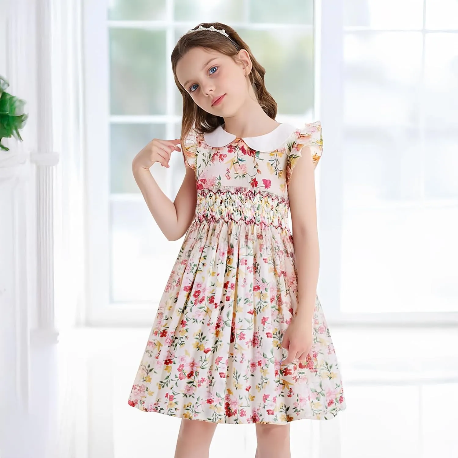 Girls Smocked Blue Dress Toddler Floral Summer Dress Vintage Dresses Kindergarten Graduation Dress