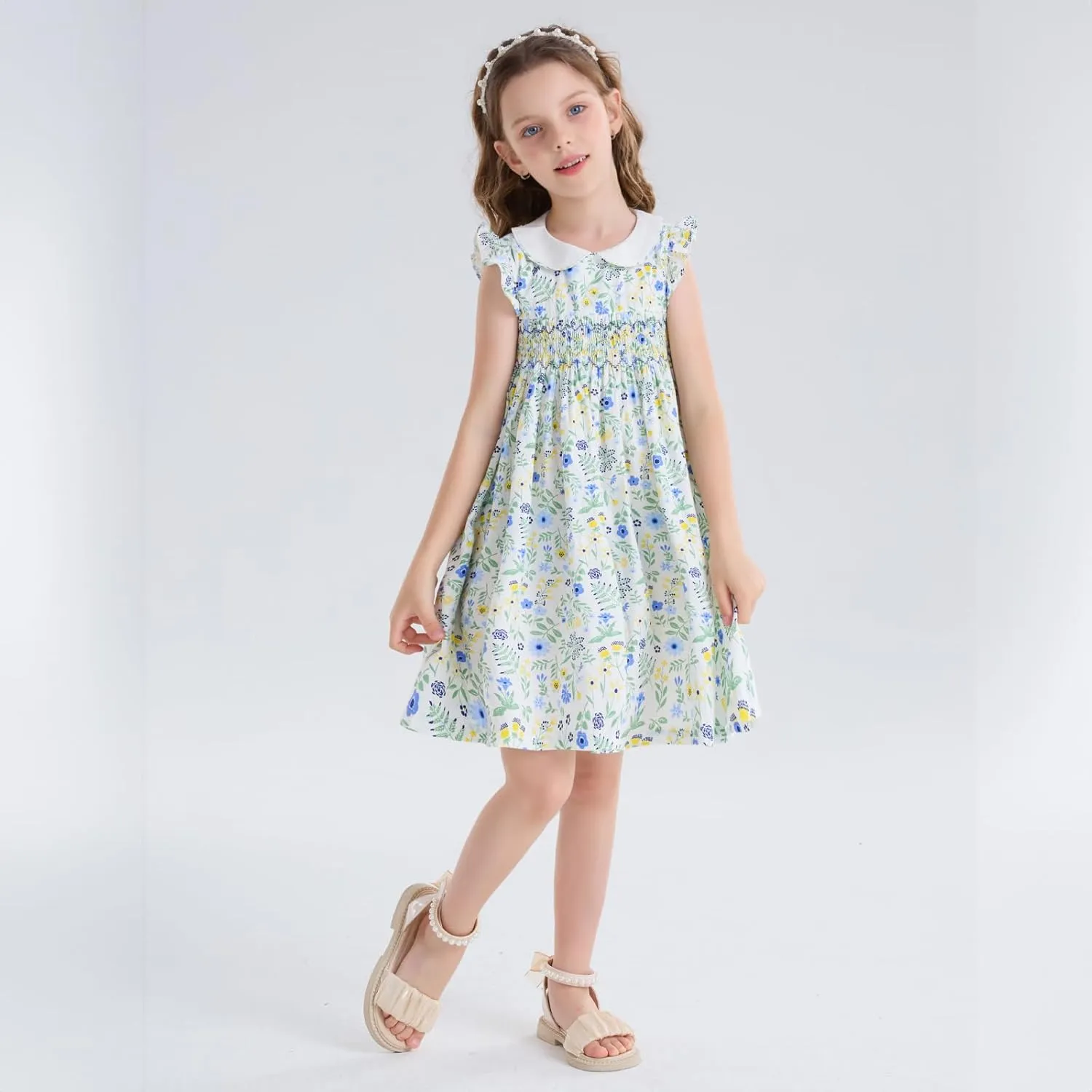 Girls Smocked Blue Dress Toddler Floral Summer Dress Vintage Dresses Kindergarten Graduation Dress