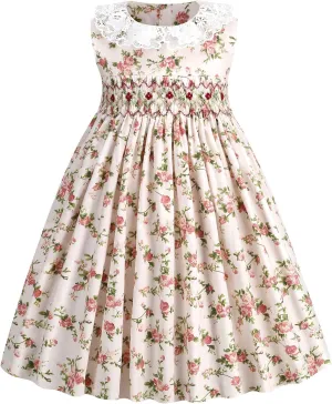 Girls Smocked Blue Dress Toddler Floral Summer Dress Vintage Dresses Kindergarten Graduation Dress