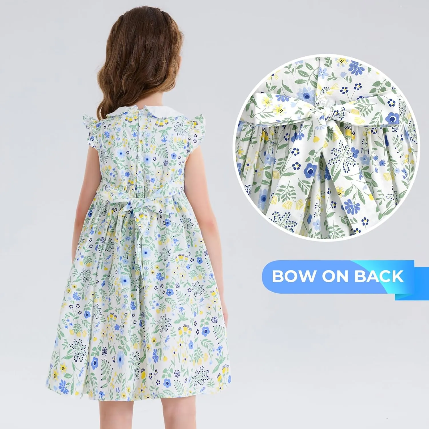 Girls Smocked Blue Dress Toddler Floral Summer Dress Vintage Dresses Kindergarten Graduation Dress