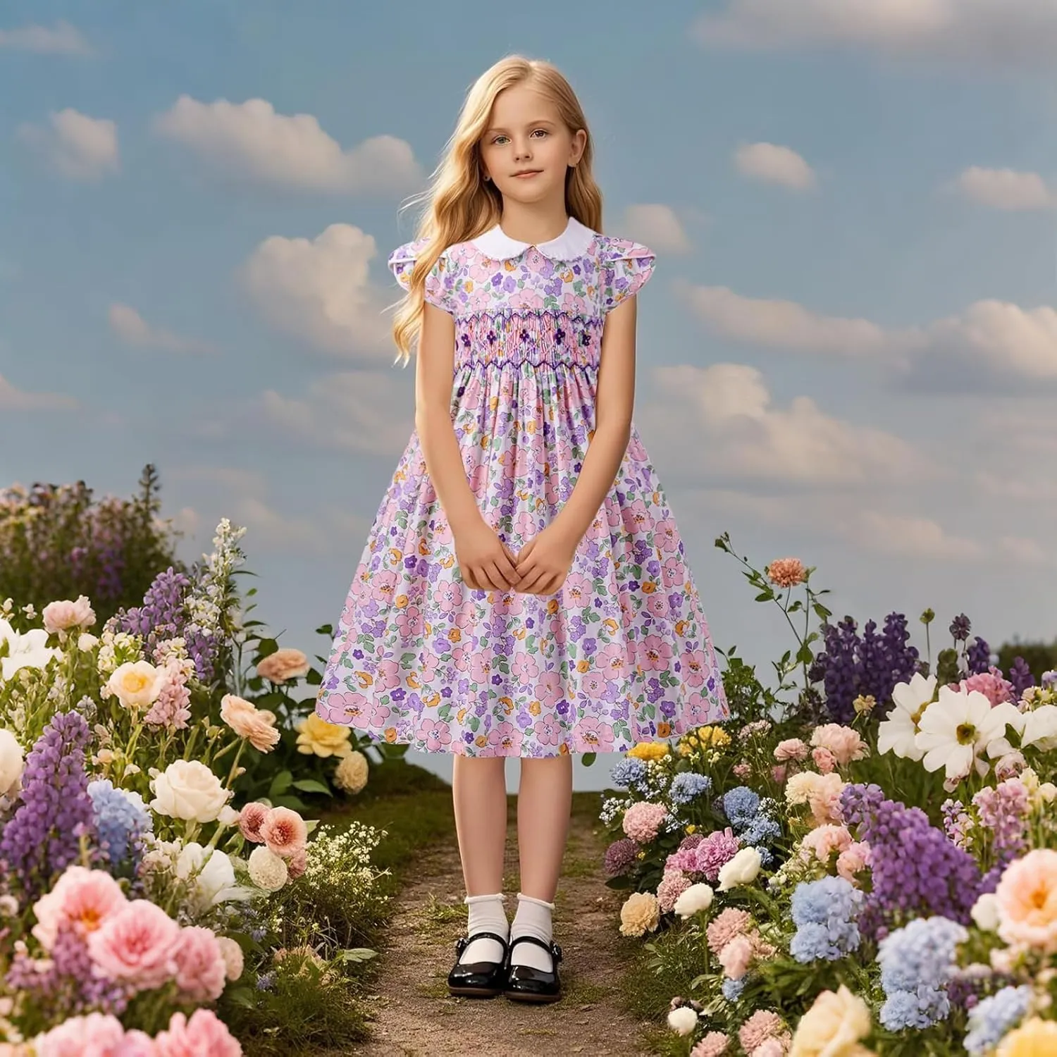 Girls Smocked Blue Dress Toddler Floral Summer Dress Vintage Dresses Kindergarten Graduation Dress