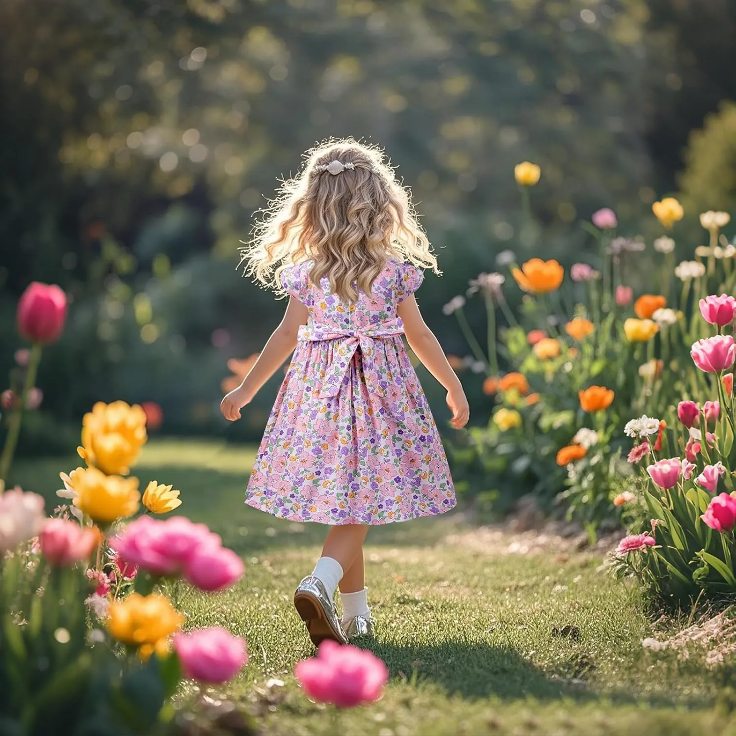Girls Smocked Blue Dress Toddler Floral Summer Dress Vintage Dresses Kindergarten Graduation Dress