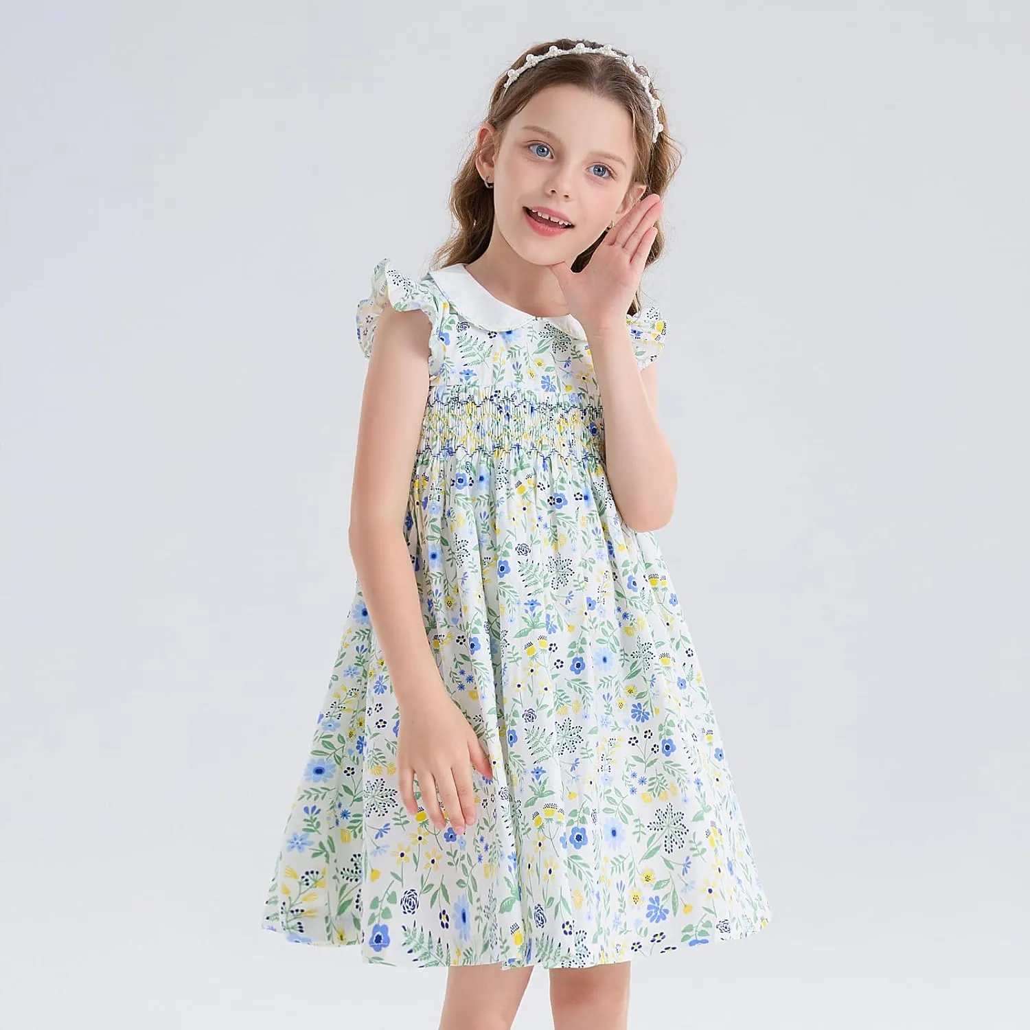 Girls Smocked Blue Dress Toddler Floral Summer Dress Vintage Dresses Kindergarten Graduation Dress