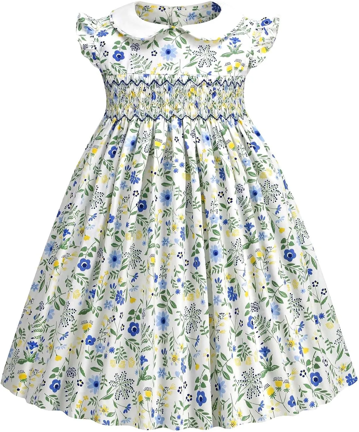 Girls Smocked Blue Dress Toddler Floral Summer Dress Vintage Dresses Kindergarten Graduation Dress