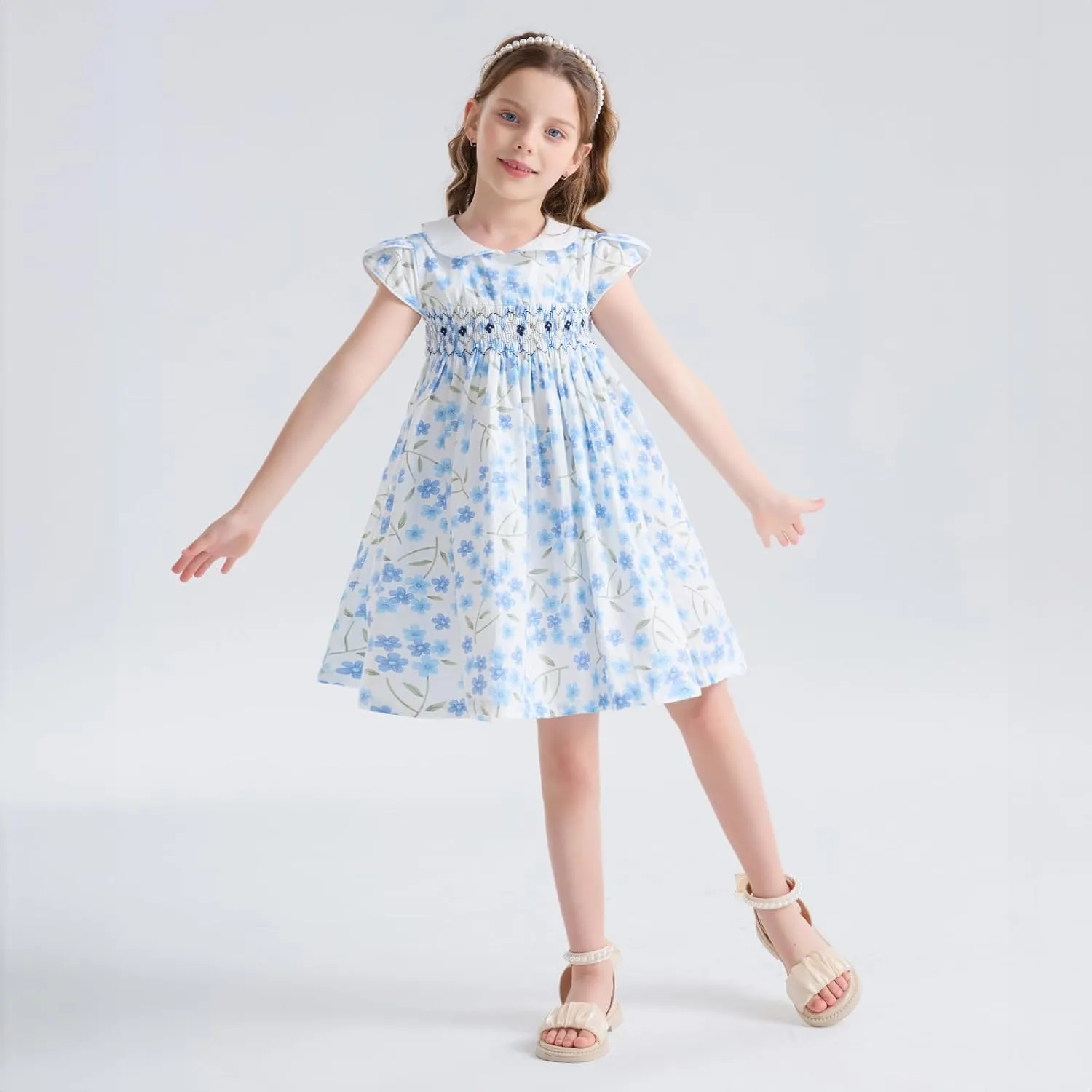 Girls Smocked Blue Dress Toddler Floral Summer Dress Vintage Dresses Kindergarten Graduation Dress
