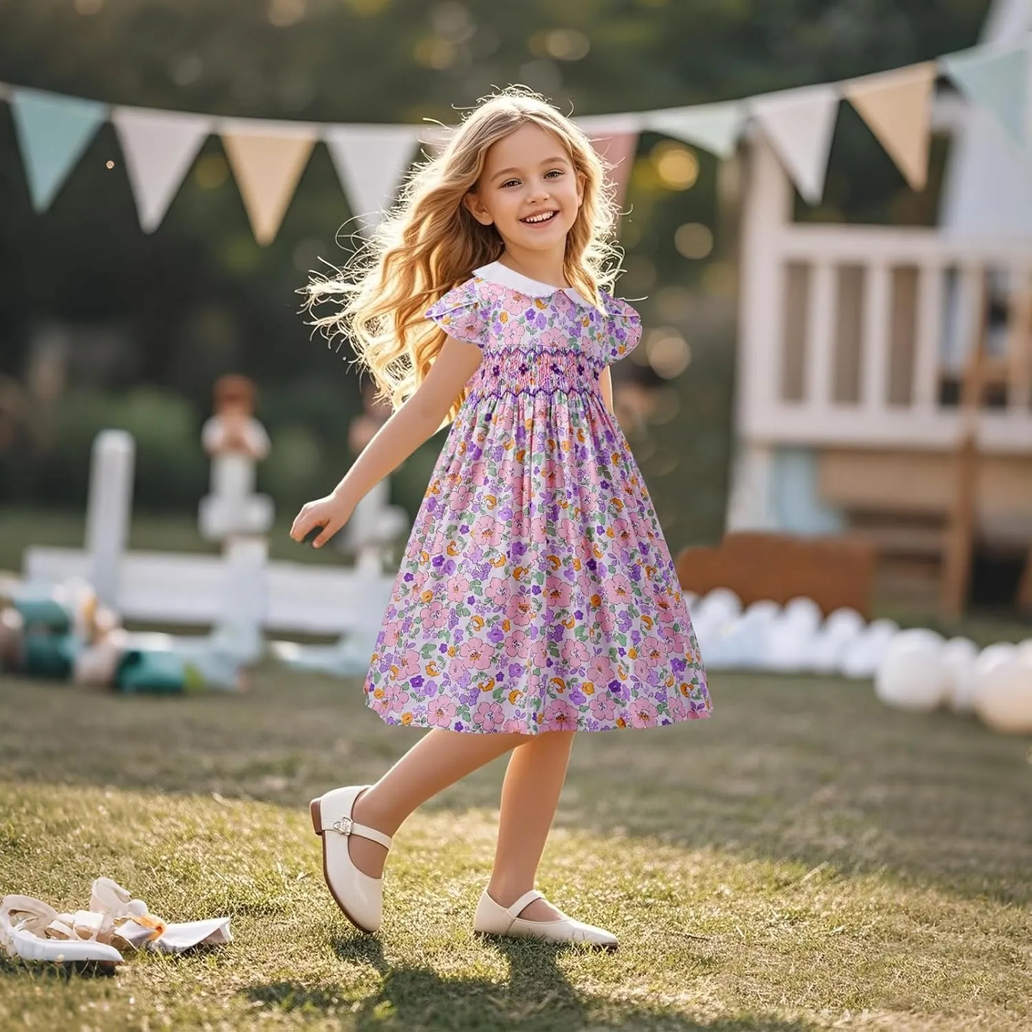 Girls Smocked Blue Dress Toddler Floral Summer Dress Vintage Dresses Kindergarten Graduation Dress
