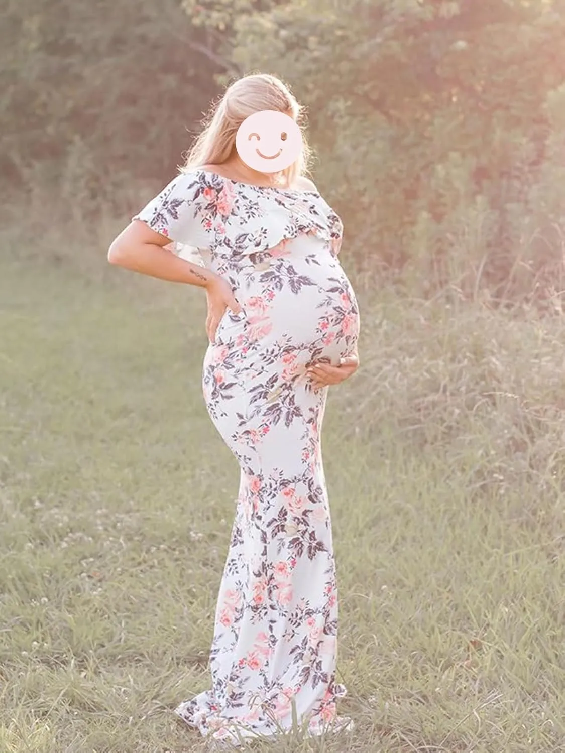 Glampunch Womens Off Shoulder Maternity Dress Ruffles Elegant Slim Gowns Fit Maxi Photography Dress