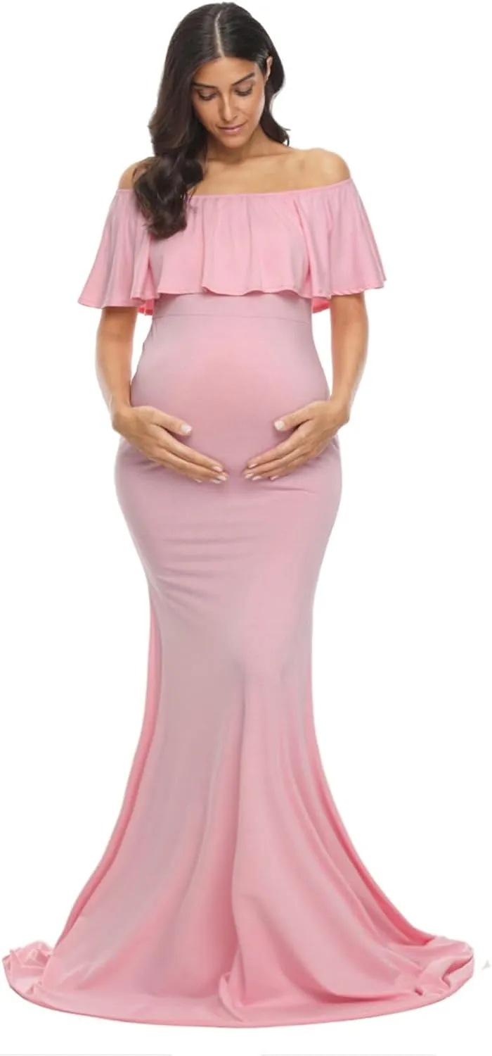 Glampunch Womens Off Shoulder Maternity Dress Ruffles Elegant Slim Gowns Fit Maxi Photography Dress