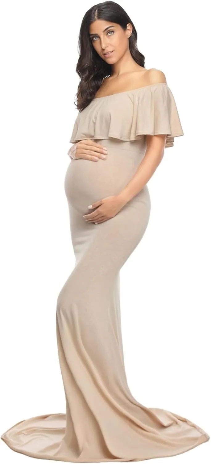 Glampunch Womens Off Shoulder Maternity Dress Ruffles Elegant Slim Gowns Fit Maxi Photography Dress