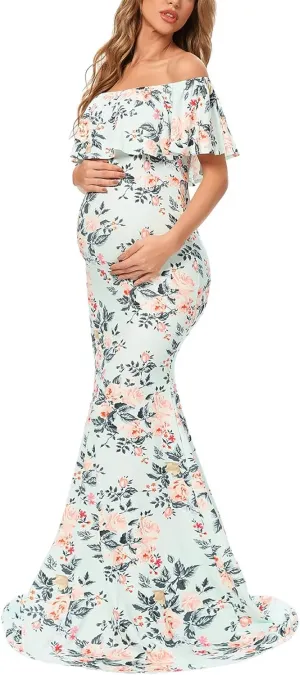 Glampunch Womens Off Shoulder Maternity Dress Ruffles Elegant Slim Gowns Fit Maxi Photography Dress