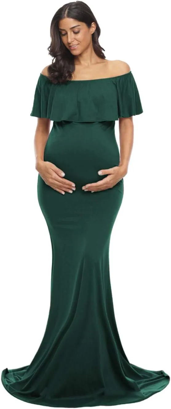 Glampunch Womens Off Shoulder Maternity Dress Ruffles Elegant Slim Gowns Fit Maxi Photography Dress
