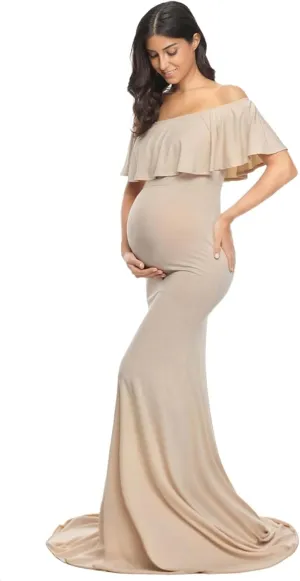 Glampunch Womens Off Shoulder Maternity Dress Ruffles Elegant Slim Gowns Fit Maxi Photography Dress