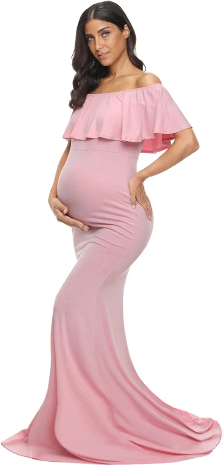 Glampunch Womens Off Shoulder Maternity Dress Ruffles Elegant Slim Gowns Fit Maxi Photography Dress