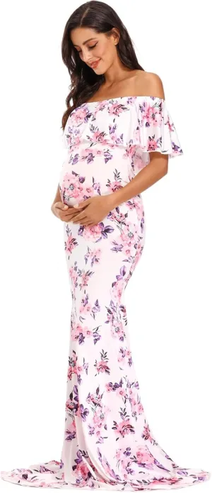 Glampunch Womens Off Shoulder Maternity Dress Ruffles Elegant Slim Gowns Fit Maxi Photography Dress