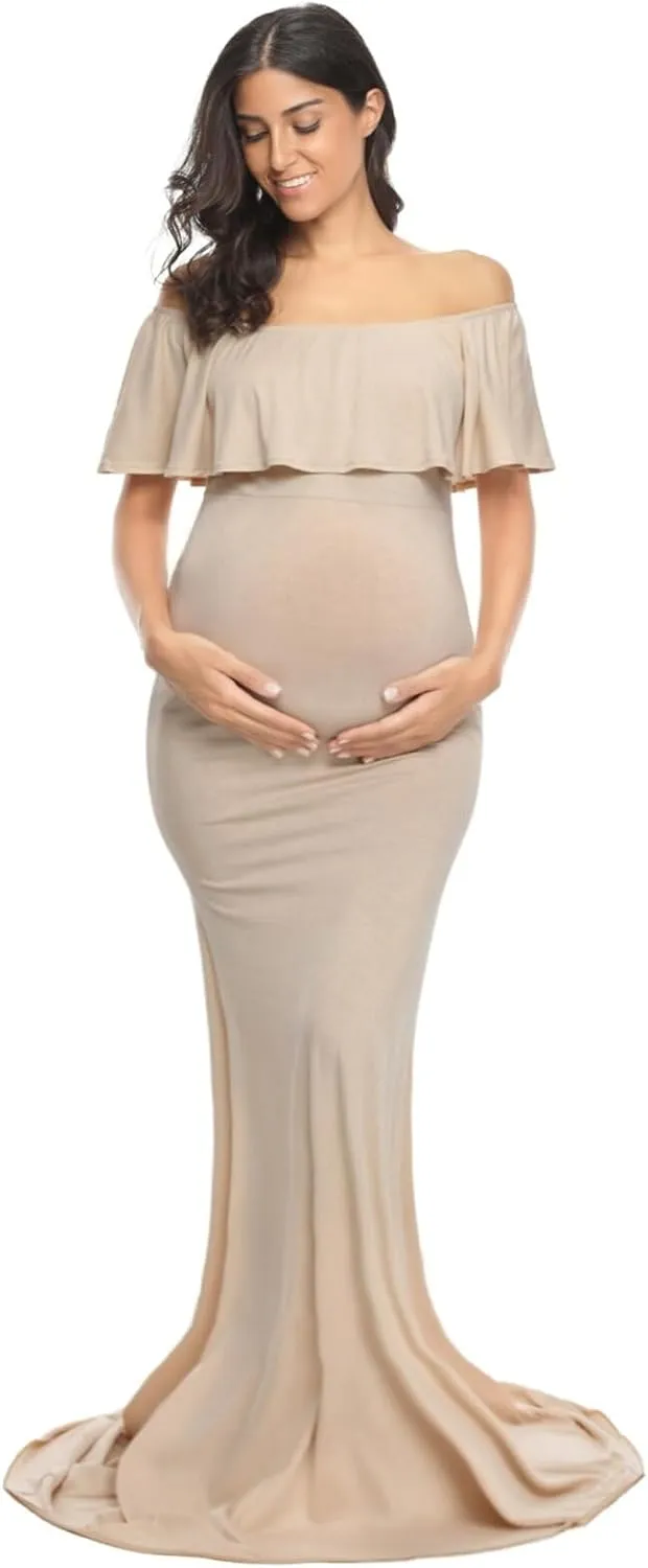Glampunch Womens Off Shoulder Maternity Dress Ruffles Elegant Slim Gowns Fit Maxi Photography Dress