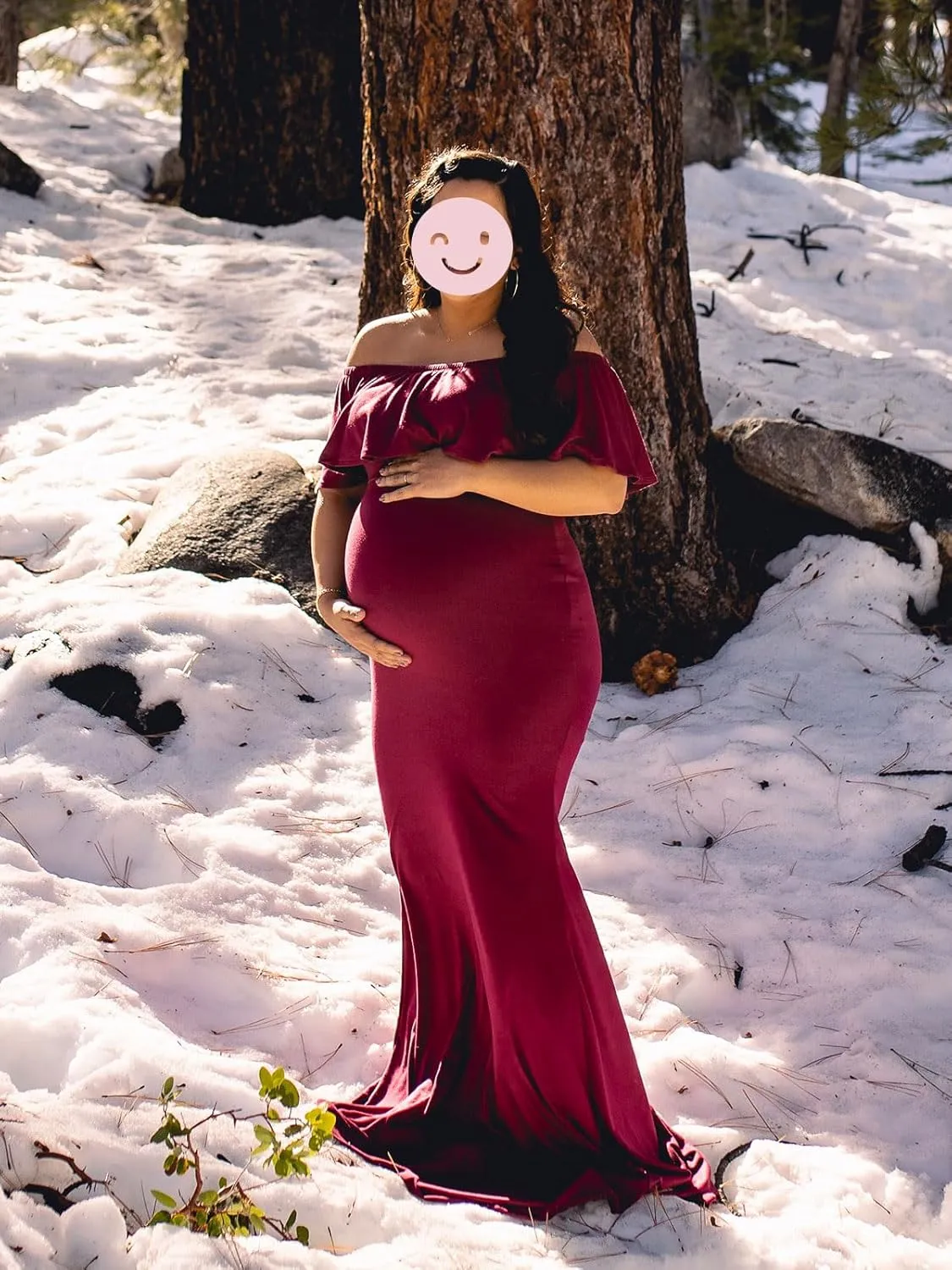 Glampunch Womens Off Shoulder Maternity Dress Ruffles Elegant Slim Gowns Fit Maxi Photography Dress