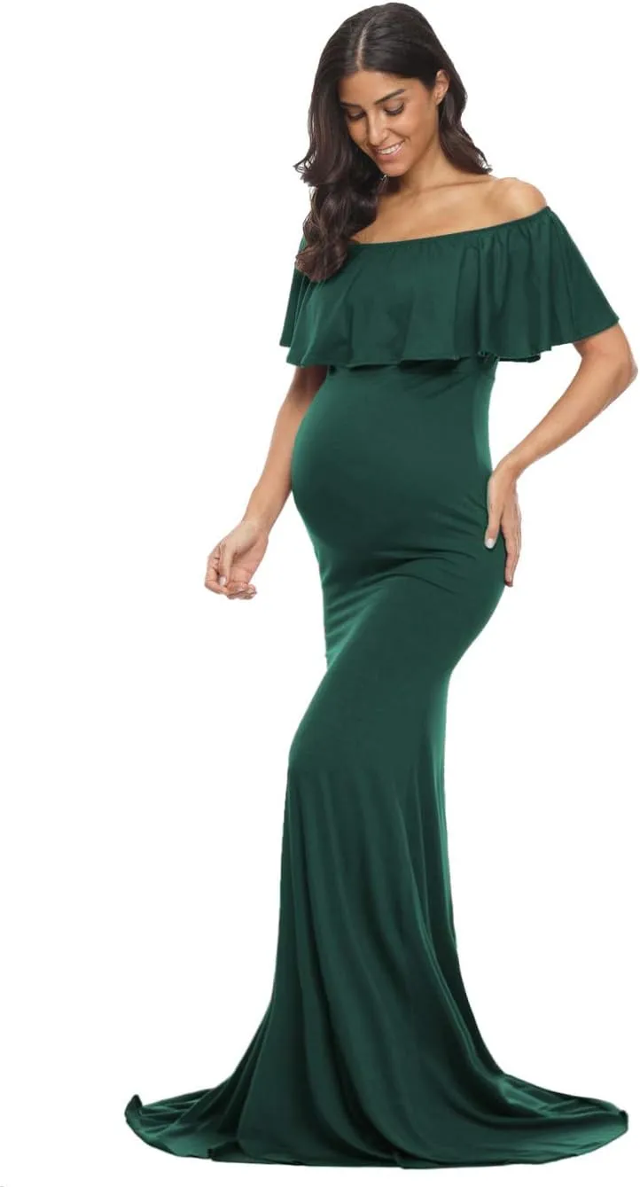 Glampunch Womens Off Shoulder Maternity Dress Ruffles Elegant Slim Gowns Fit Maxi Photography Dress