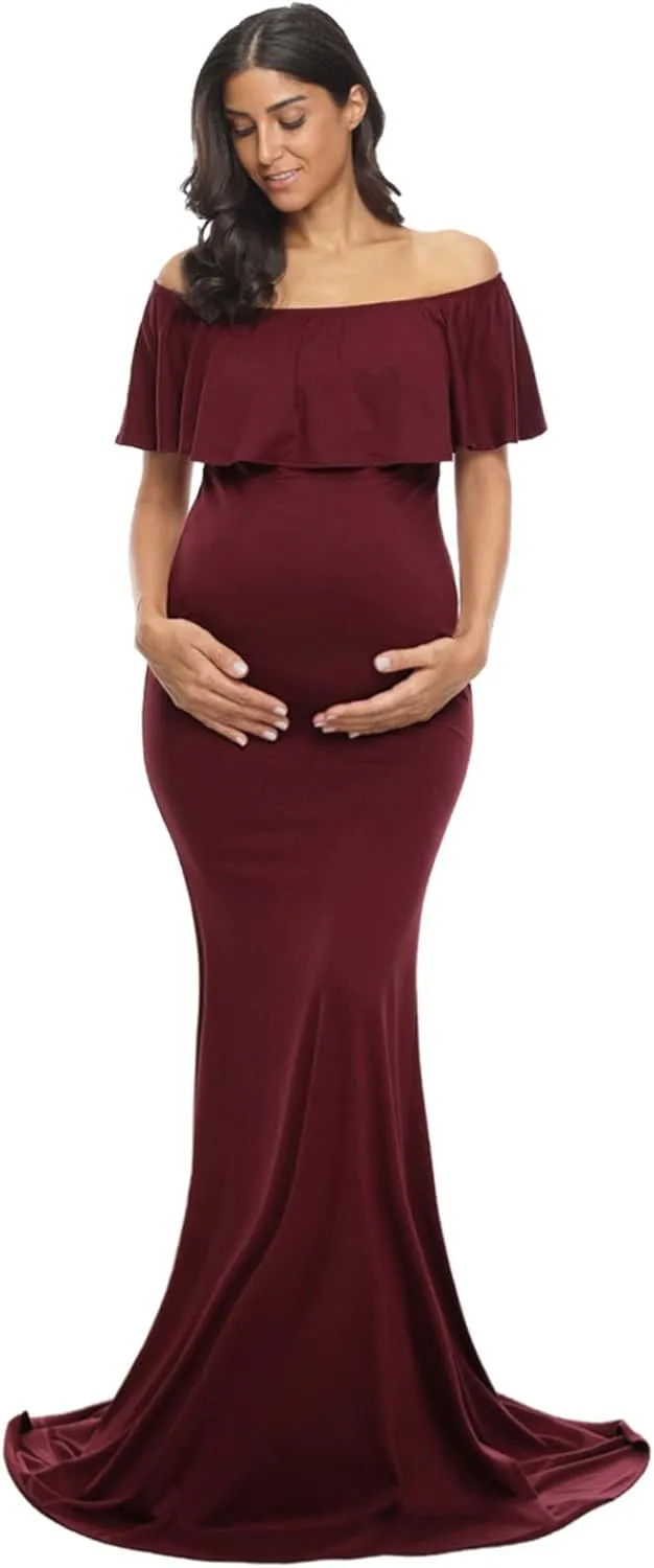 Glampunch Womens Off Shoulder Maternity Dress Ruffles Elegant Slim Gowns Fit Maxi Photography Dress